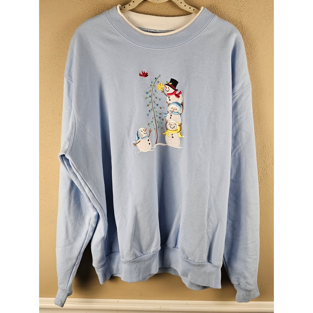 Vintage Morning Sun Womens Blue Christmas Snowman Sweater XL Grannycore